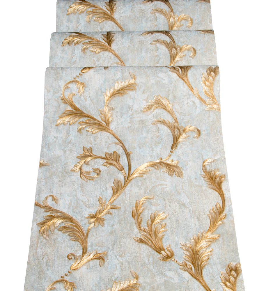 Papel De Parede Floral Dourado Azul 10 Metros Importado Vinilico Texturizado C/ Cola